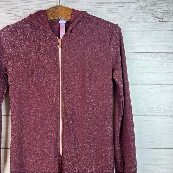 Savage X Fenty Sleep & Shine Hooded Jumpsuit Red Cocoa Size S Burgundy Glitter - Picture 6 of 15